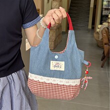 韩系ins甜美蕾丝花边手拎包包时尚拼接撞色手提包外出便携式女包