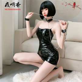 暴丹情趣内衣性感女王镂空漆皮游戏装手铐链条诱惑裹胸紧身超短裙
