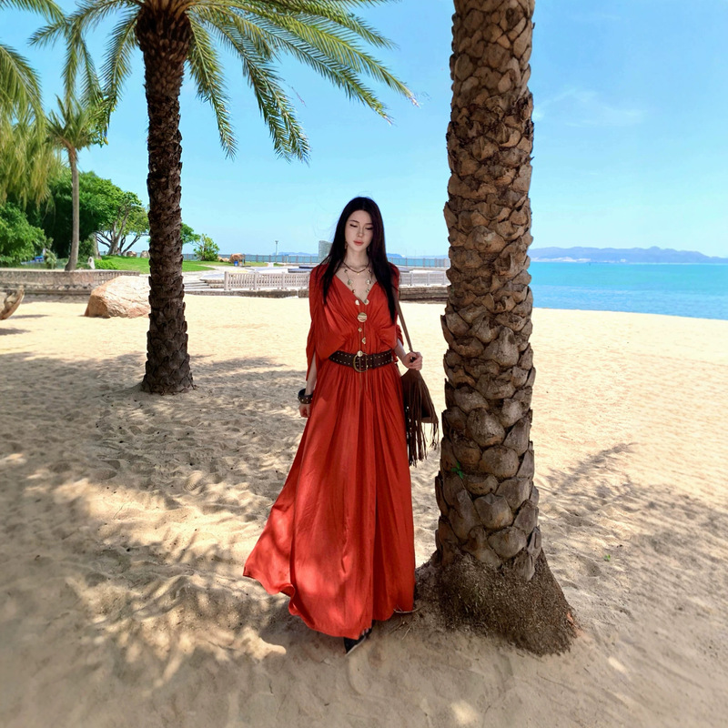Dune-style pleated bat-sleeve dress, artistic evening gown for art exhibitions, beach vacation photo shoot beach dress