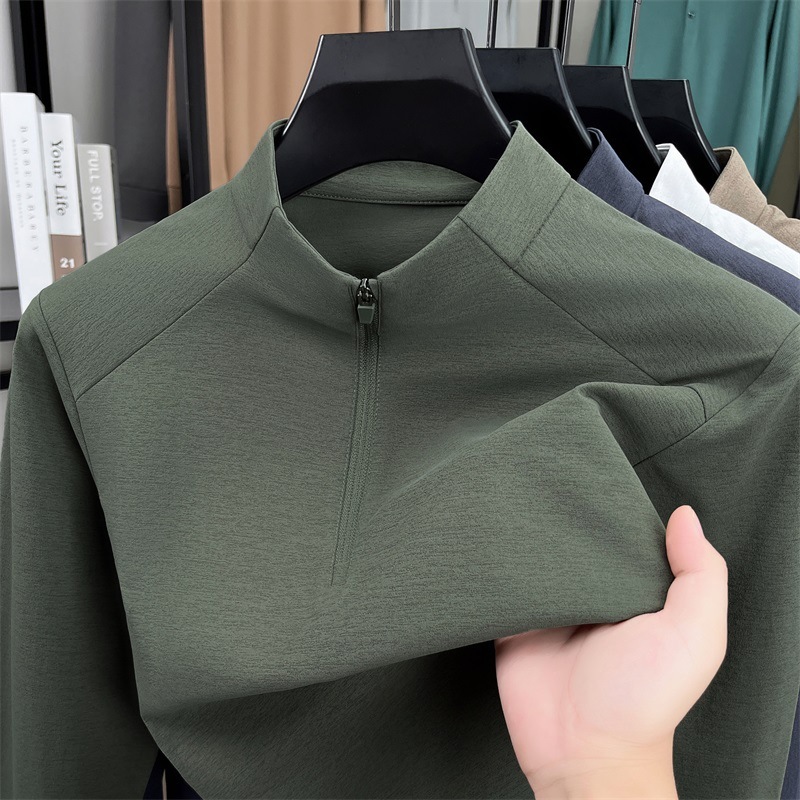 New Half-Zip Stand-Up Collar Sports Long-Sleeved T-Shirt Men's Spring & Fall Outdoor Bottoming Shirt Pure Color Pullover Casual Top