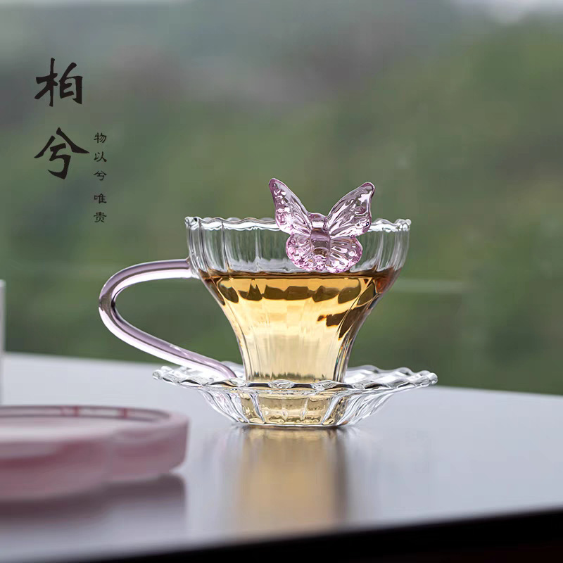 粉色蝴蝶透明玻璃茶杯带把女士品茗杯普洱茶杯带杯垫咖啡杯高颜值|undefined