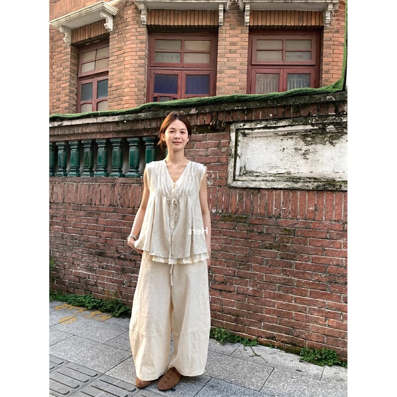 A Spoonful of Sweet Hers Fake Two-Piece Strappy Cotton and Linen Shirt for Women 2025 Summer V-Neck Sleeveless Vest Top