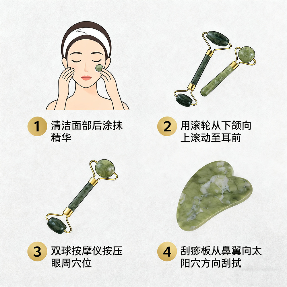 Juego de tres piezas de rodillo de jade natural y tabla de gua sha, dispositivo de belleza para masaje facial, lámina de gua sha facial, fabricante de rodillos de jade