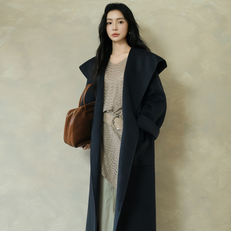 2025 New Autumn and Winter Cannes Night Loose Bathrobe Hooded Mid-Length Sheep Wool Outwear Double-Sided Woolen Outwear 2025 New Autumn and Winter Cannes Night Loose Bathrobe Hooded Mid-Length Sheep Wool Outwear Double-Sided Woolen Outwear