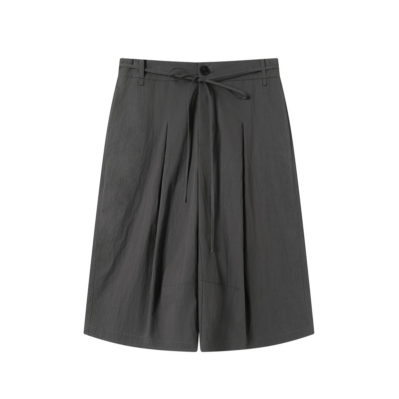Pleated Ribbon Fringe Cropped Pants Unisex Summer Loose Wide-Leg Casual Mid-Length Gray Shorts Summer