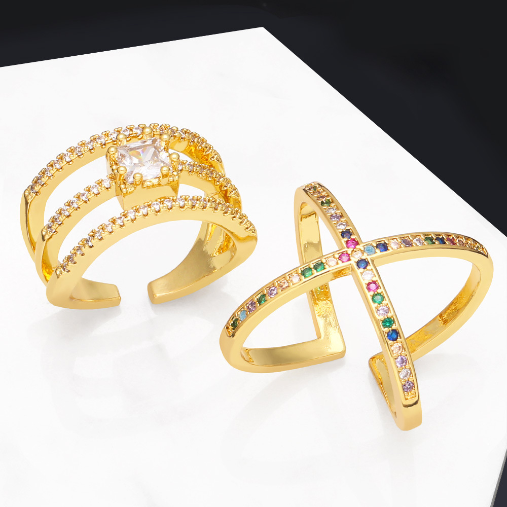 Fashion Square Copper Open Ring Plating Inlay Zircon Copper Rings