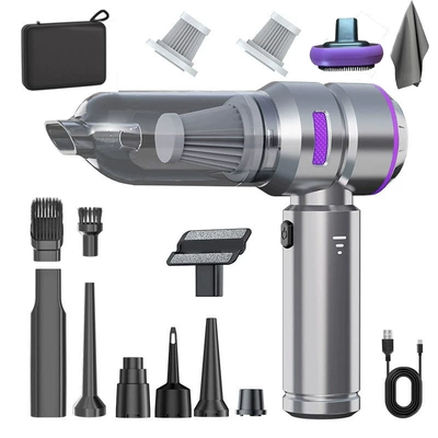 Car-Mounted Wireless Vacuum Cleaner for Suction, Blowing, Tozsoranlar - 121-brushless-three-speed-adjustment-6000-mah-2-filters-storage-bag-towel-pet-brush-silver-purple