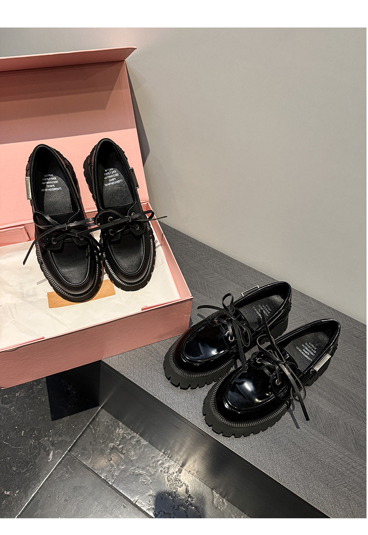 Giày loafer nữ đế dày mũi tròn buộc dây da bò — Đen (bóng) chi tiết 19