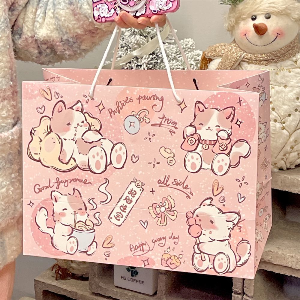 ins高颜值少女心发财小猫礼品袋大容量白卡纸加厚精美礼物收纳袋
