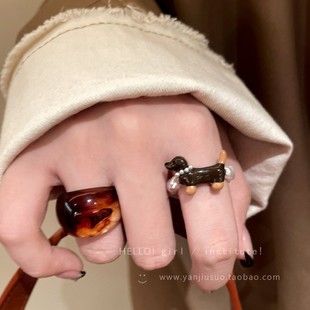 New cute black dachshund pearl ring for women niche simple light luxury index finger ring personalized high-end ring