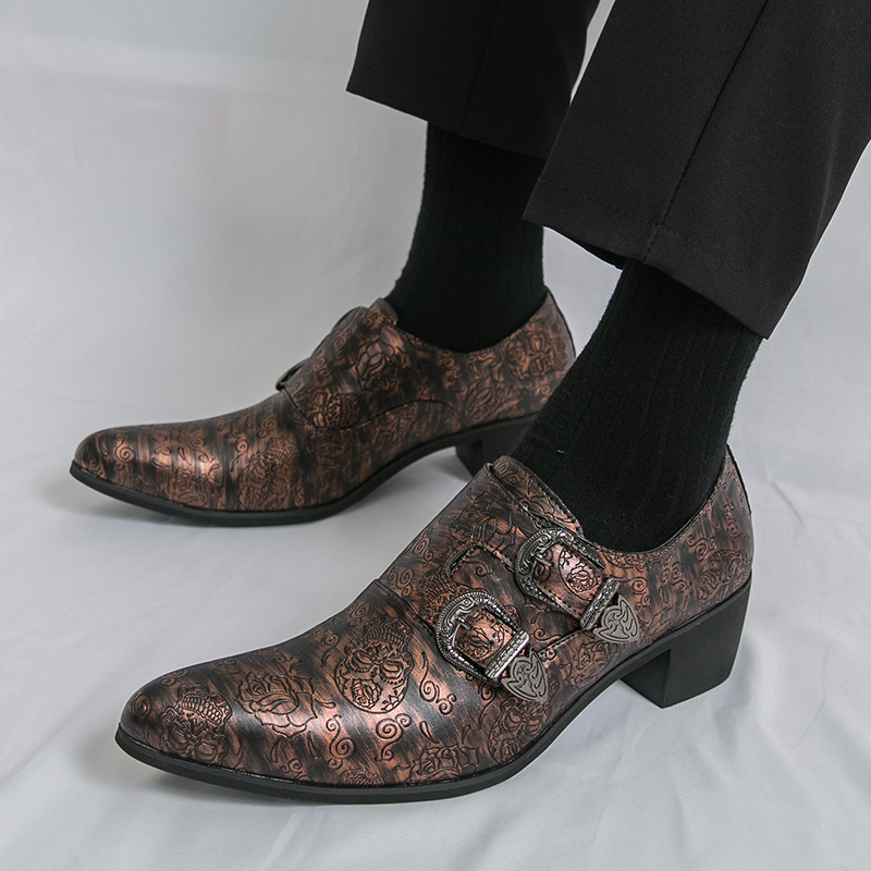 Cross-Border Thick-Heeled Leather Shoes for Men in Spring and Autumn New Style Skull Pattern High-Heeled Men's Shoes with Pointed Toe Business Formal Small Leather Shoes Cross-Border Thick-Heeled Leather Shoes for Men in Spring and Autumn New Style Skull Pattern High-Heeled Men's Shoes with Pointed Toe Business Formal Small Leather Shoes