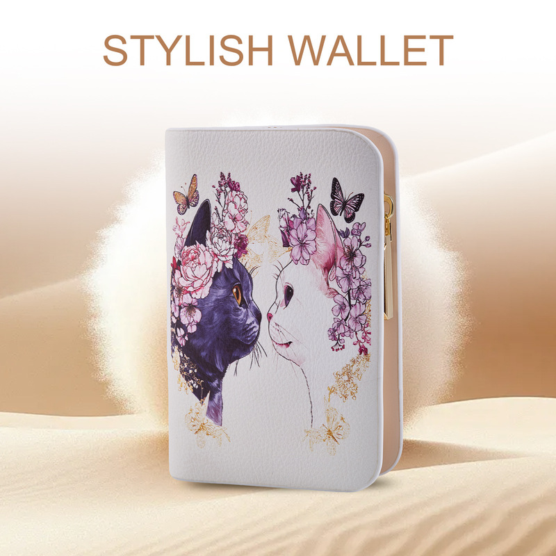 Cross-Border Hot-Selling Women's Cute Cat Print Wallet, Fashionable Long-Style Women's Multi-Card Slot Zipper Pu Leather Coin Purse