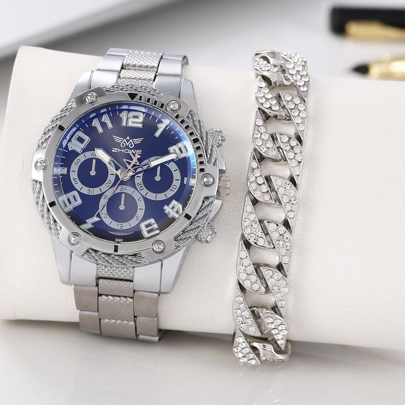 Comercio exterior moda de negocios relojes de hombre falsos tres ojos atmósfera reloj de correa de acero para hombres + pulsera hip-hop dos piezas conjunto de relojes de pulsera
