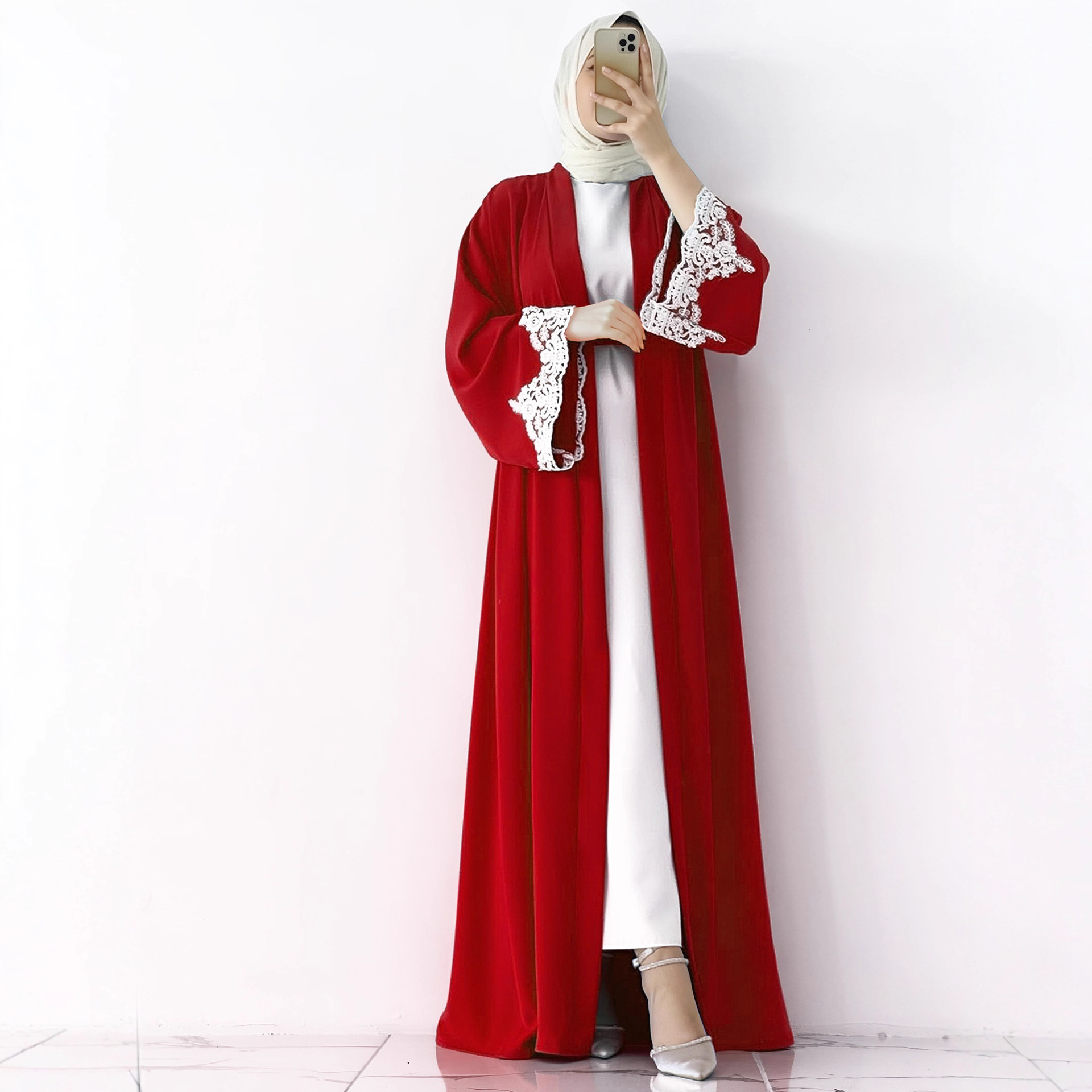Ensemble abaya élégant en dentelle appliquée, cardigan et jupe gilet pour femmes musulmanes – Tenue deux pièces pudique_voghion.com