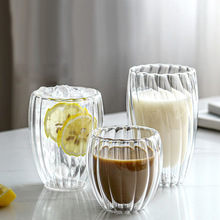 家用简约条纹牛奶杯透明玻璃咖啡杯高硼硅高颜值带把手喝水杯子