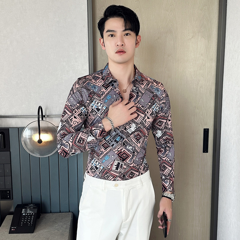 Nueva camisa de moda de manga larga de los hombres de moda camisa impresa slim fit ropa de suministro transfronterizo version-P55 de colección