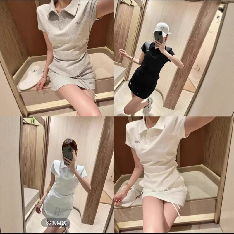 In-Stock Alo Sports Suit Women's Polo Shirt with Regular Shoulders, Ruched Waist, Slimming Top, Anti-Exposure Short Skirt, Yoga Wear