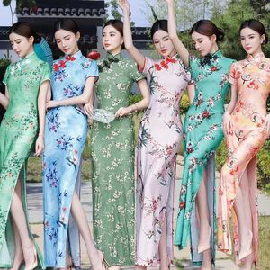 Flowers cheongsam daily to wear simple but elegant silk long high ice split elastic copy of cultivate one&apos;s morality dress