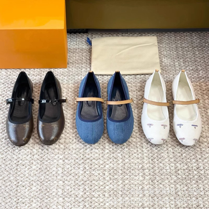 2025 Summer New Denim Blue Ballet Flats Shoes Women's Metal Buckle Round Toe Girls' Flats Leather Shoes