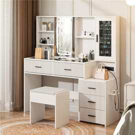 跨境亚马逊简约LED梳妆台带化妆镜灯光柜电源插座条纹造型抽屉桌