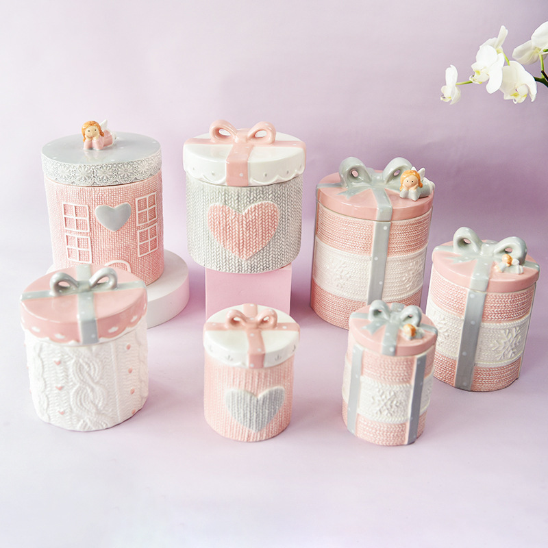 Boda de ángel cerámica sellada lata de almacenamiento decoración de color sólido dormitorio comedor escritorio para regalos para niñas pequeñas