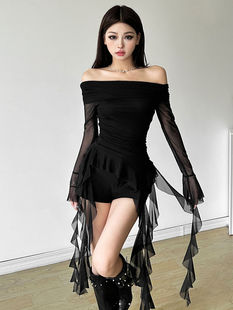 2025 Sweet and Spicy Pull Sister-style Flounce Stitching Shoulder Long-sleeved T-shirt Women's Slim Slim-fit Hot Girl Top Autumn Dress