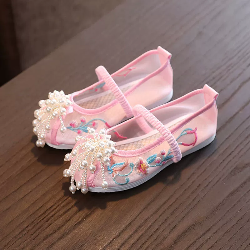 Новые летние сетчатые туфли для девочек, детские сетчатые туфли с вышивкой в ​​китайском стиле, дышащие сандалии для девочек, детская тканевая обувь с вырезами