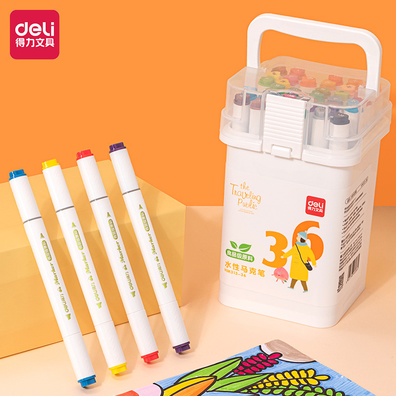 Deli Hm313 Series Food Grade Marker Pens 12 Kidsren's Safety Washable Water-Based Double-Ended Painting Pens