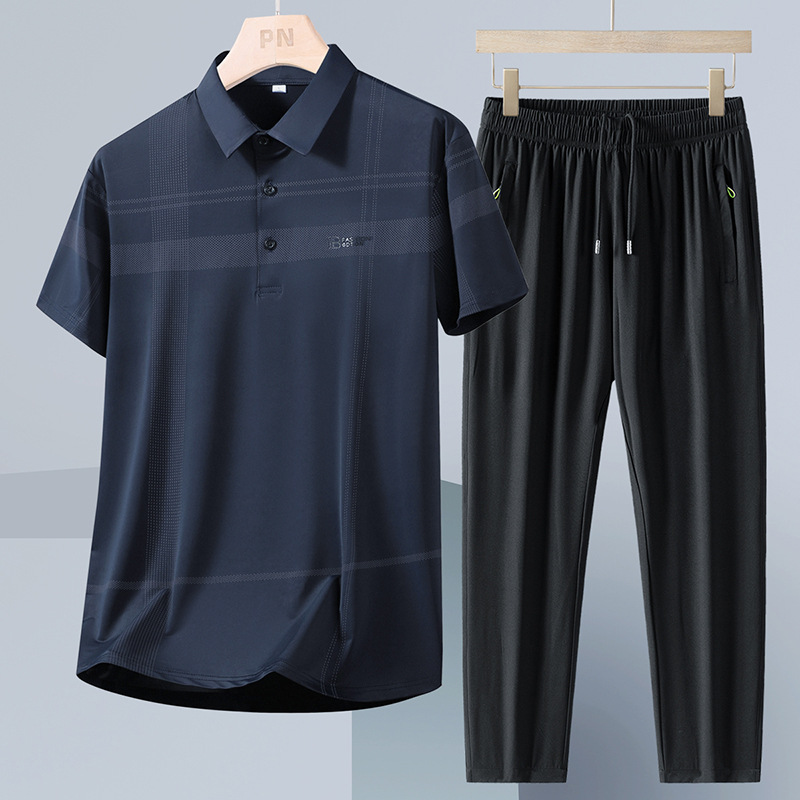 Papá con set de verano de dos piezas para hombre hielo delgado de manga corta suelta set casual de mediana edad pantalones secos rápidos