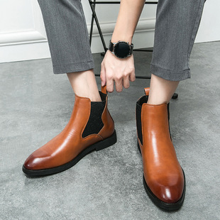Cross-border plus size autumn new elastic band carved Chelsea boots men's business formal boots British high-top leather shoes
