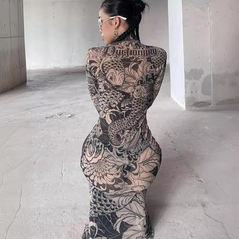 Cross-Border Sheer Dress Slim Fit New Fashion Trendy Slimming Women's Printed European and American Style See-Through High-Neck Autumn Dress Cross-Border Sheer Dress Slim Fit New Fashion Trendy Slimming Women's Printed European and American Style See-Through High-Neck Autumn Dress