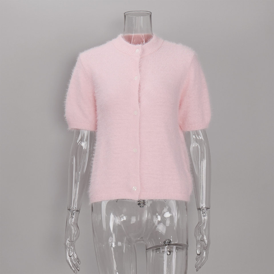 Áo cardigan dệt kim tay ngắn cổ bán cao ôm dáng phong cách retro — Màu hồng, Màu hồng cánh sen, Màu trắng, Màu tím chi tiết 59