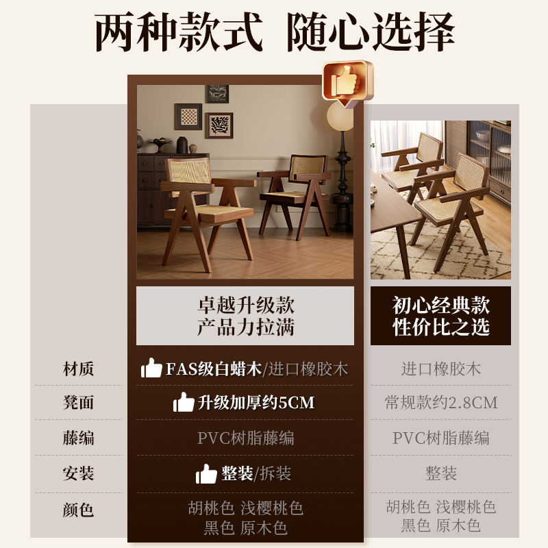 家用藤编餐椅新款中古诧寂风昌迪加尔椅子靠背椅白蜡实木茶椅|undefined