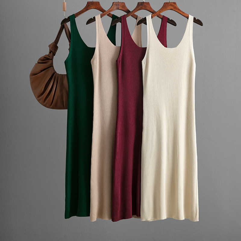 European and American sexy knitted suspenders dress 2025 summer new solid color back slit hip dress