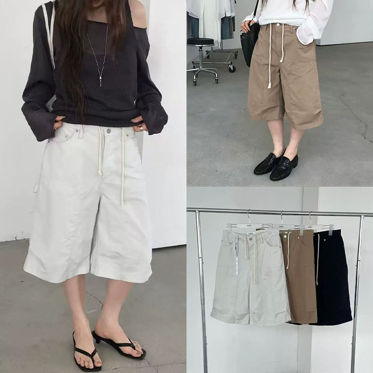 Fan Sun·Xh Korean-Style Workwear Straight-Leg Cropped Pants Dongdaemun Summer New Slim Drawstring Waist Casual Pants for Women