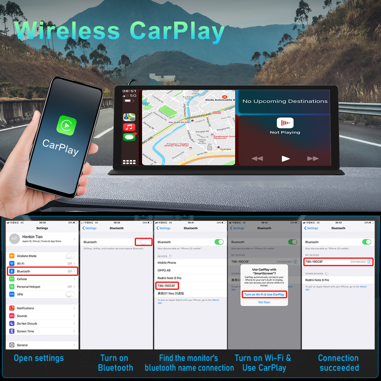 10.26inch Large-Screen Center Console Carplay Android Auto Screen Mirroring 4K Dash Cam 1080P Reversing Camera B