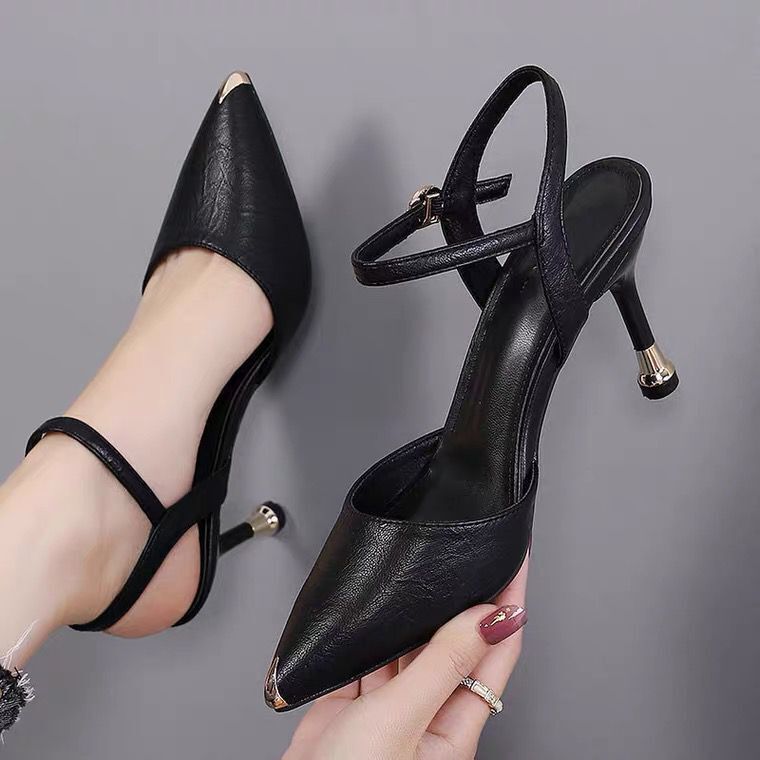 2026 New Summer Black Sandals for Women, French Style Hollow-Out Design, Thin Heels, Trendy Pointed Toe, Single Strap High Heels