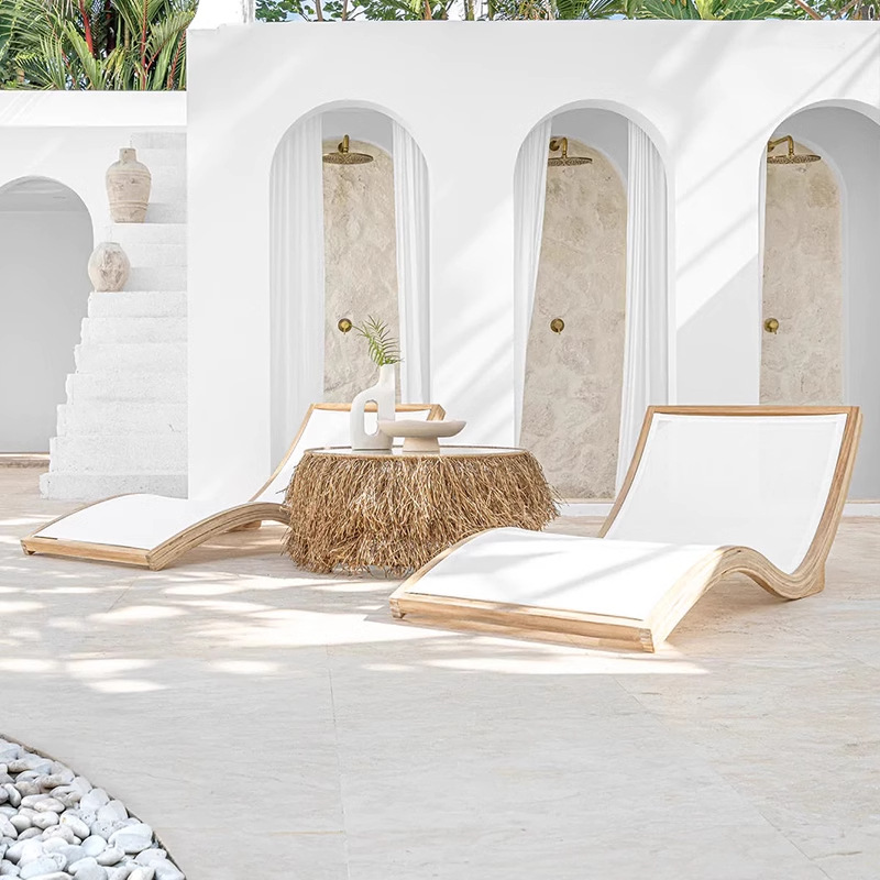 Cama al aire libre patio villa piscina sillón de madera maciza al aire libre terraza impermeable silla de playa de teca junto al mar