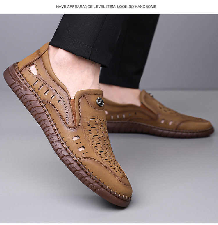 Dép sandal nam da dệt thoáng khí kiểu lười mũi vuông cỡ lớn — Màu kaki, Màu trắng, màu đen chi tiết 14