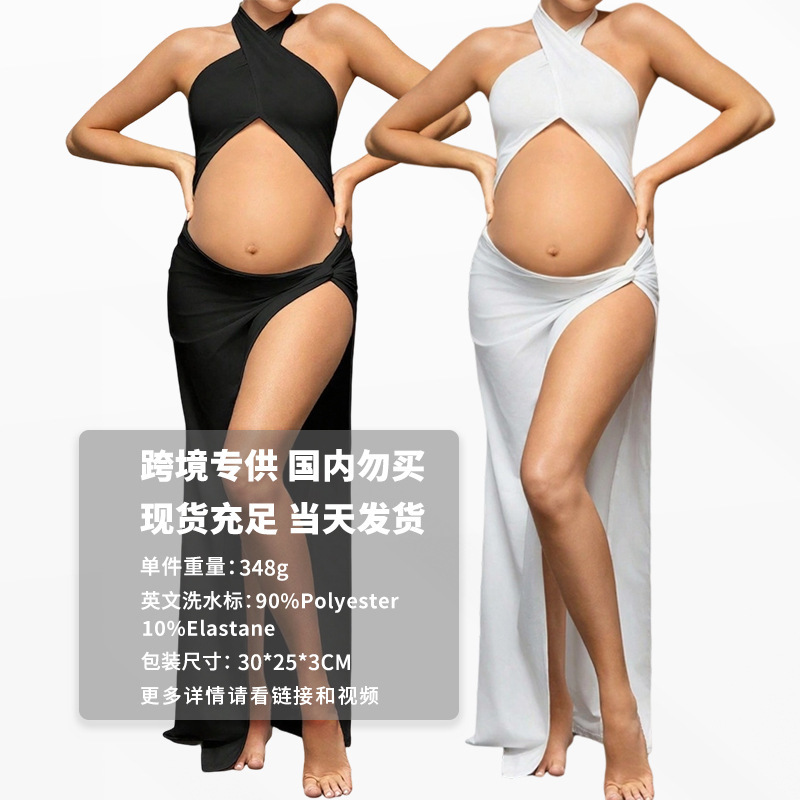 Europe and the United States cross-border slim pregnant women photo mop cross collar split sexy hollow umbilical solid color slim dress Europe and the United States cross-border slim pregnant women photo mop cross collar split sexy hollow umbilical solid color slim dress
