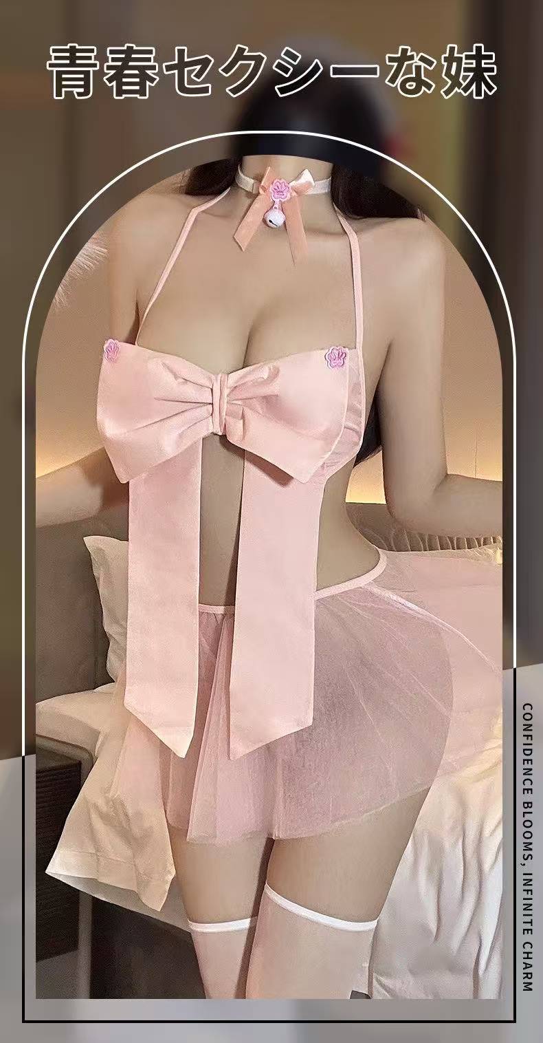 Pink Bow Three-Piece Lingerie Set with Mesh Overlay, Collar Bell and White Tights — detail image 2