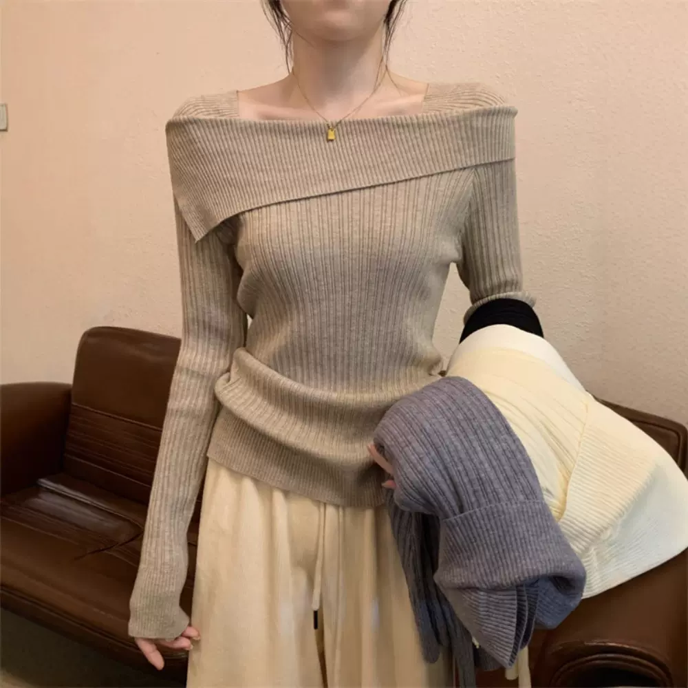 一字肩针织打底衫女春秋冬不规则内搭高腰正肩锁骨长袖上衣抗皱