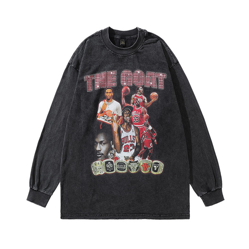 TKPA American retro hip-hop trendy printed long-sleeved T-shirt men and women high street trendy brand washing and bottoming top cross-border