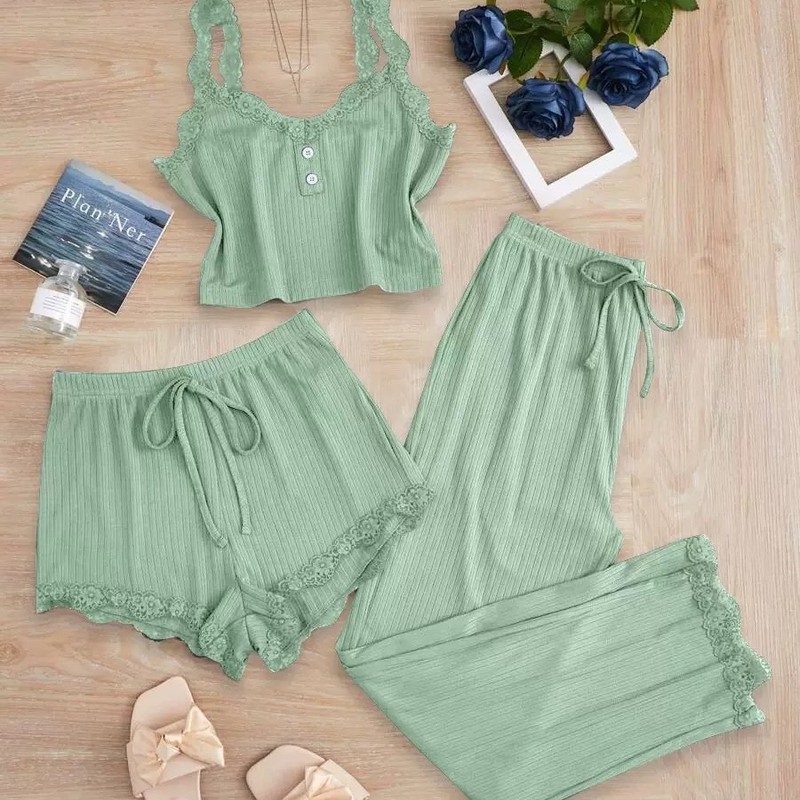 Cross-Border European and American Trade Lace Trim Ribbed Tank Top Long Pants Pajamas Loungewear Outerwear Slim-Fit Set Autumn and Winter Women's