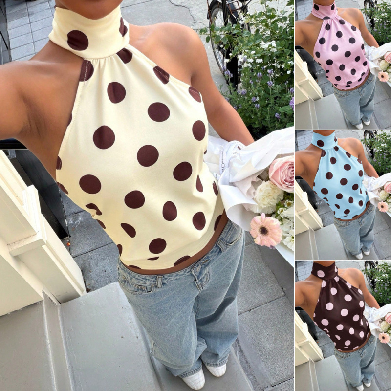 2026 European and American Summer New Polka Dot Print Halter Top for Women Y2K Sleeveless Strappy Sexy Backless Top 2026 European and American Summer New Polka Dot Print Halter Top for Women Y2K Sleeveless Strappy Sexy Backless Top