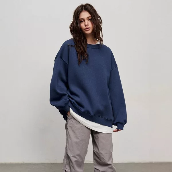 Cross-border Crewneck Loose Sweatshirt Women's European and American 2024 Fall/Winter Street Solid Color Oversize Pullover Sweatshirt Women's Coat