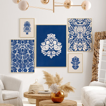 现代简约北欧克莱因蓝色抽象几何花卉剪纸美式客厅装饰画图片画芯