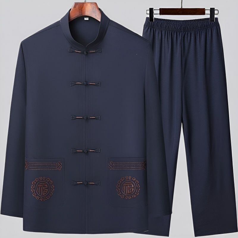 Middle-Aged and Elderly Men's Long-Sleeved Ice Silk Tang Suit Set, Summer Dad Outfit, Chinese Style Men's Shirt, Clothing for the Elderly and Grandfathers Middle-Aged and Elderly Men's Long-Sleeved Ice Silk Tang Suit Set, Summer Dad Outfit, Chinese Style Men's Shirt, Clothing for the Elderly and Grandfathers