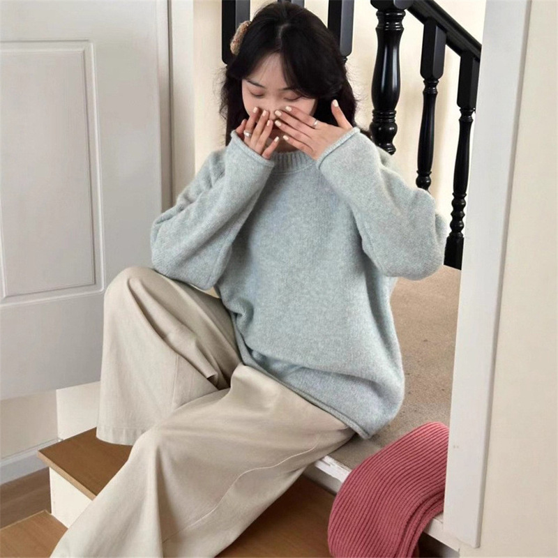 韩系软糯卷边加厚套头毛衣女秋冬新款温柔慵懒风宽松软糯针织上衣|undefined