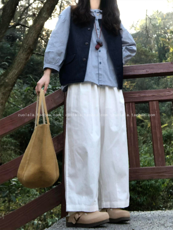 早秋穿搭一整套大码胖mm日系文艺格子衬衫叠穿马甲阔腿裤三件套装|undefined